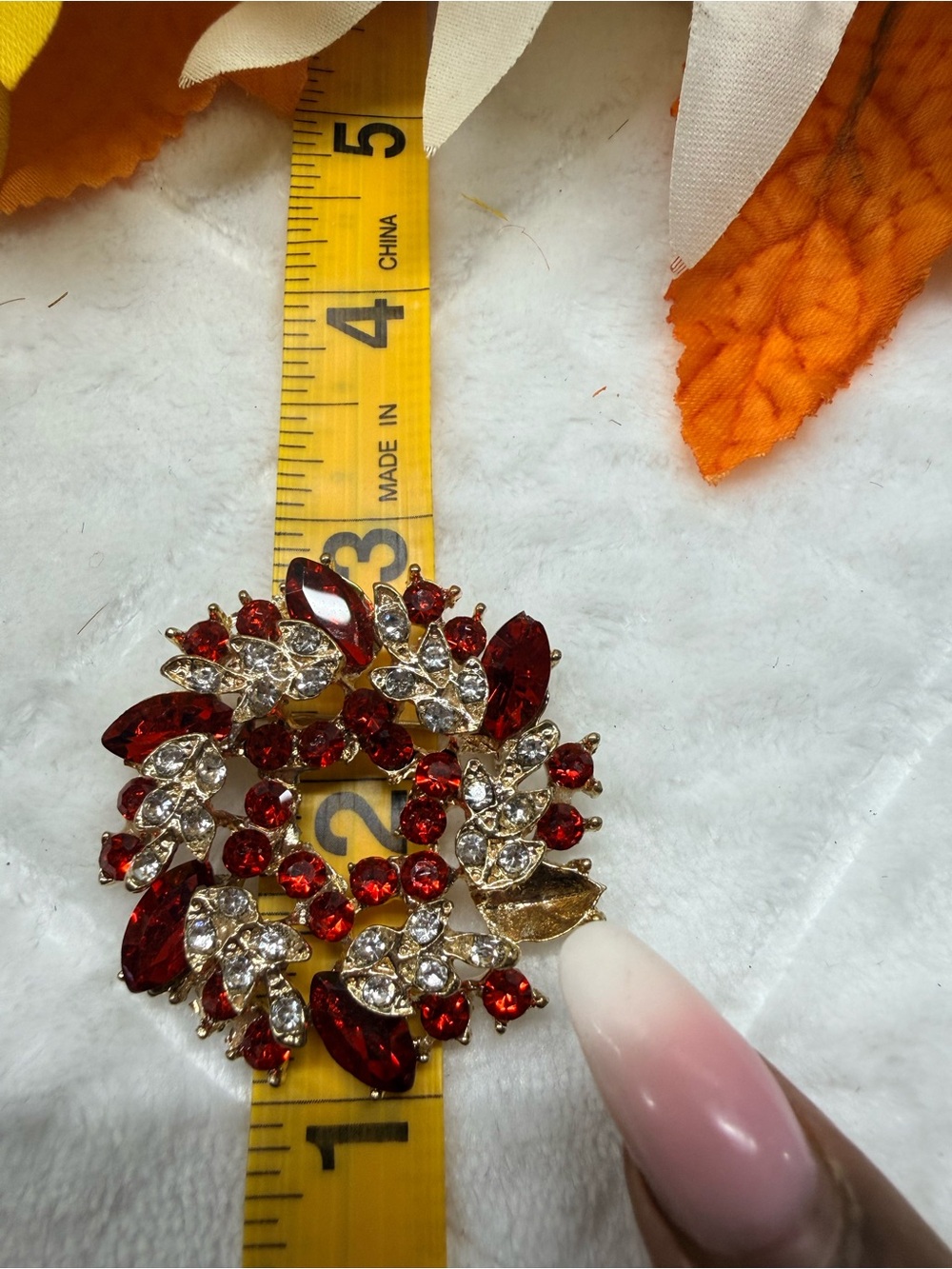 Red and Clear Crystal Floral Wreath Brooch - Women Jewelry missing a stone